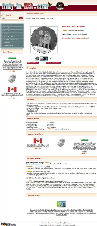 Only in U.S.A. Captain Bob's Sales Inc (only-in-usa.com) Silver Wolf Canada 2006 Coin Page Using Our 2006 Half Ounce Canadian Silver Timberwolf Coin Photograph